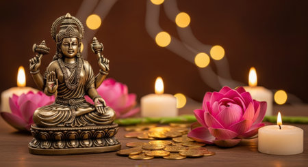 A statue of an Indian deity surrounded by lotus flowers, candles and coins. Symbolizes prosperity, spirituality and divine energy.の素材