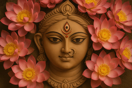 Beautiful statue of Indian goddess Durga surrounded by lotus flowers.の素材