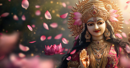 Beautiful statue of Indian goddess Durga surrounded by lotus flowers.の素材