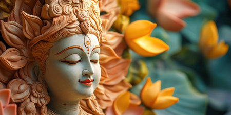 Beautiful statue of Indian goddess Durga surrounded by lotus flowers.の素材