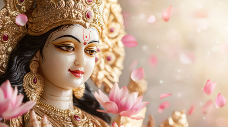 Beautiful statue of Indian goddess Durga surrounded by lotus flowers.の素材