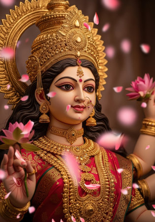 Beautiful statue of Indian goddess Durga surrounded by lotus flowers.の素材