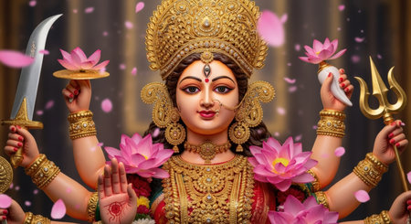 Beautiful statue of Indian goddess Durga surrounded by lotus flowers.の素材