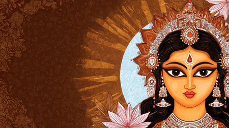 Beautiful statue of Indian goddess Durga surrounded by lotus flowers.の素材