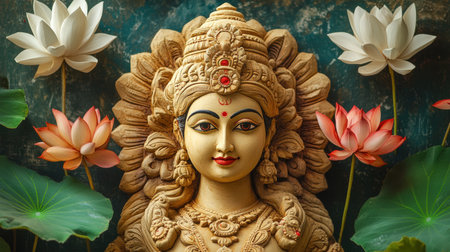 Beautiful statue of Indian goddess Durga surrounded by lotus flowers.の素材