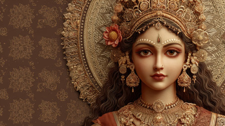 Beautiful statue of Indian goddess Durga surrounded by lotus flowers.の素材