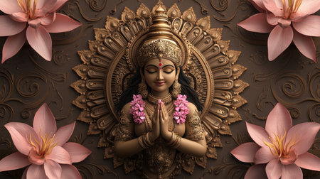 Beautiful statue of Indian goddess Durga surrounded by lotus flowers.の素材