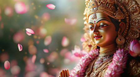 Beautiful statue of Indian goddess Durga surrounded by lotus flowers.の素材