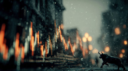 Bull market growth concept with glowing chart and rising success.の素材