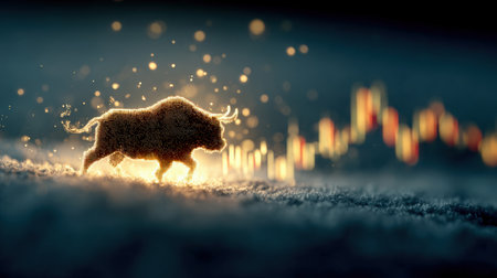 Bull market growth concept with glowing chart and rising success.の素材