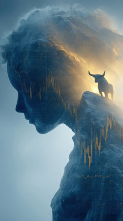 Bull of success rising from human mind financial growth concept.の素材