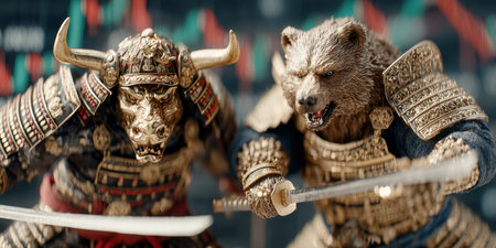 A bull and a bear dressed as samurai warriors fight with katanas against the background of financial charts.の素材
