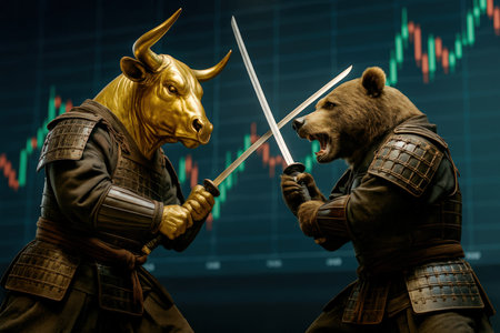 A bull and a bear dressed as samurai warriors fight with katanas against the background of financial charts.の素材