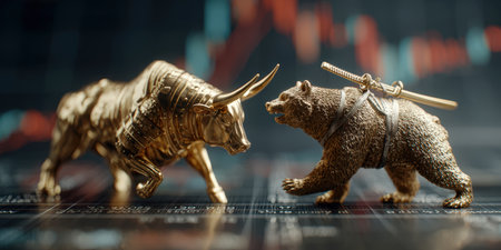 A bull and a bear dressed as samurai warriors fight with katanas against the background of financial charts.の素材