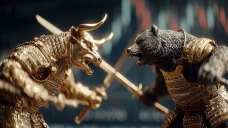 A bull and a bear dressed as samurai warriors fight with katanas against the background of financial charts.の素材