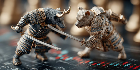 A bull and a bear dressed as samurai warriors fight with katanas against the background of financial charts.の素材