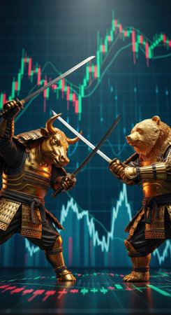 A bull and a bear dressed as samurai warriors fight with katanas against the background of financial charts.の素材