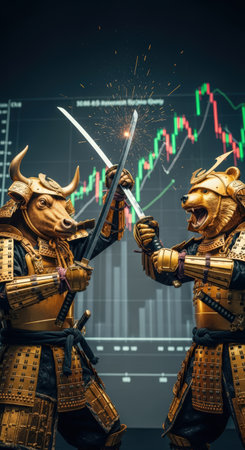 A bull and a bear dressed as samurai warriors fight with katanas against the background of financial charts.の素材