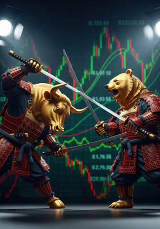 A bull and a bear dressed as samurai warriors fight with katanas against the background of financial charts.の素材