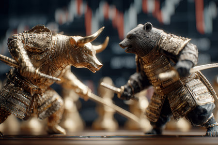 A bull and a bear dressed as samurai warriors fight with katanas against the background of financial charts.の素材
