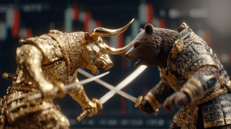A bull and a bear dressed as samurai warriors fight with katanas against the background of financial charts.の素材