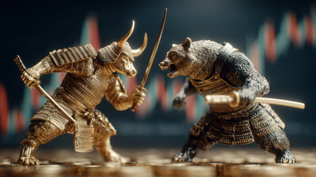 A bull and a bear dressed as samurai warriors fight with katanas against the background of financial charts.の素材
