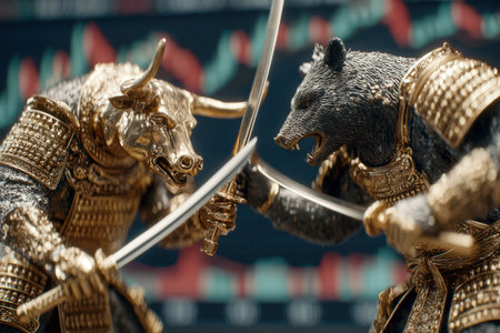 A bull and a bear dressed as samurai warriors fight with katanas against the background of financial charts.の素材