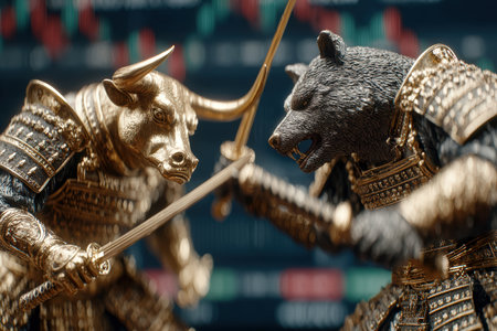 A bull and a bear dressed as samurai warriors fight with katanas against the background of financial charts.の素材