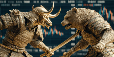 A bull and a bear dressed as samurai warriors fight with katanas against the background of financial charts.の素材