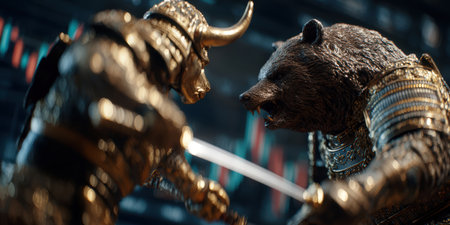 A bull and a bear dressed as samurai warriors fight with katanas against the background of financial charts.の素材