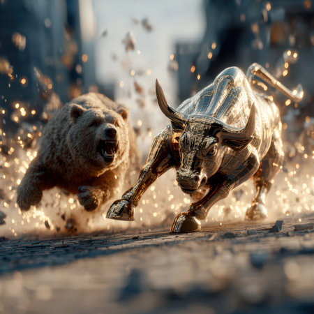 A bull and a bear attacking each other, symbolizing the eternal struggle between rising and falling markets.の素材