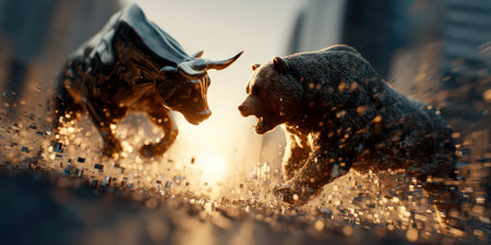 A bull and a bear attacking each other, symbolizing the eternal struggle between rising and falling markets.の素材