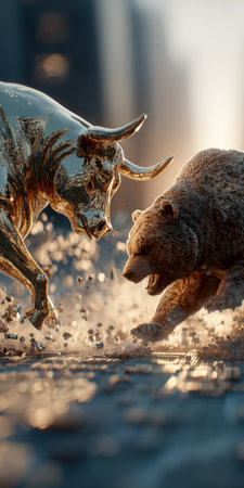 A bull and a bear attacking each other, symbolizing the eternal struggle between rising and falling markets.の素材