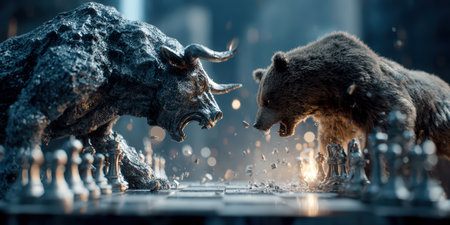 A bull and a bear attacking each other, symbolizing the eternal struggle between rising and falling markets.の素材