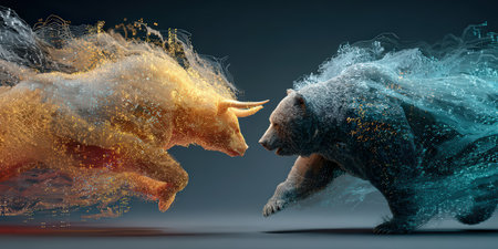 A bull and a bear attacking each other, symbolizing the eternal struggle between rising and falling markets.の素材