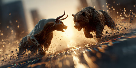 A bull and a bear attacking each other, symbolizing the eternal struggle between rising and falling markets.の素材