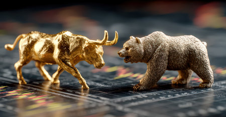 Golden bull and bear on stock market chart symbolizing market trends.の素材