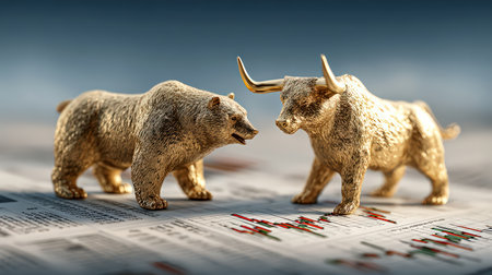 Golden bull and bear on stock market chart symbolizing market trends.の素材