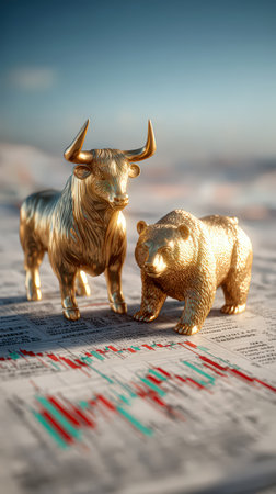 Golden bull and bear on stock market chart symbolizing market trends.の素材