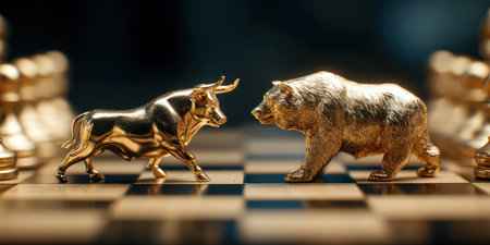 Golden bull and bear on stock market chart symbolizing market trends.の素材