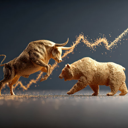 Golden bull and bear on stock market chart symbolizing market trends.の素材