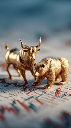 Golden bull and bear on stock market chart symbolizing market trends.の素材