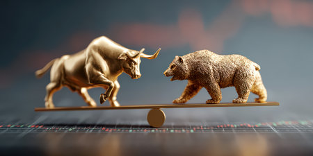 Golden bull and bear on stock market chart symbolizing market trends.の素材