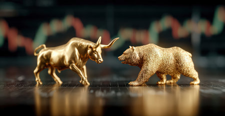 Golden bull and bear on stock market chart symbolizing market trends.の素材