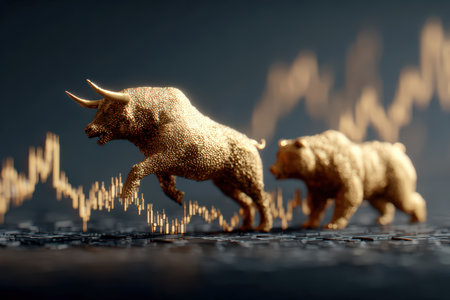 Golden bull and bear on stock market chart symbolizing market trends.の素材