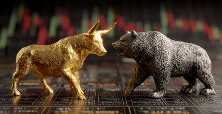 Golden bull and bear on stock market chart symbolizing market trends.の素材