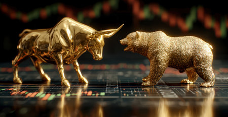 Golden bull and bear on stock market chart symbolizing market trends.の素材