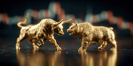 Golden bull and bear on stock market chart symbolizing market trends.の素材