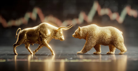 Golden bull and bear on stock market chart symbolizing market trends.の素材