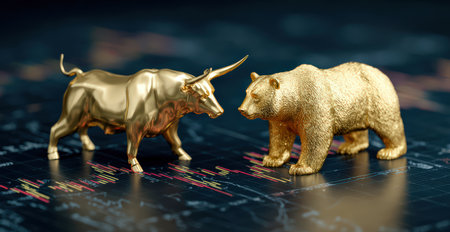 Golden bull and bear on stock market chart symbolizing market trends.の素材